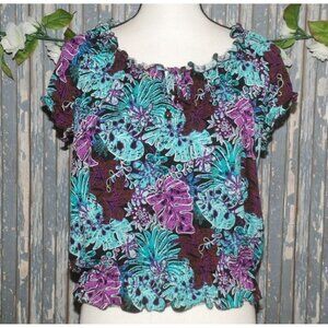 Lori Michaels Colorful Palm Print Top Blouse Size S Crop Short Sleeve Elastic Wa